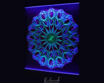 Large Glowing Mandala Spa Wellness Spaces Sacred Geometry Light Artwork Handcrafted UV Glow Piece Relaxation Balance Luxury Interior Art
