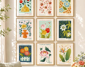 Boho Floral Decor Botanical Gallery Wall Set of 9 Mid Century Colorful Flower Market Prints Large  Minimalist Abstract Flower Art Modern Art