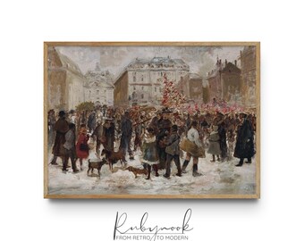 Vintage Winter Market Wall Art Printable Christmas Scene for Living Room Decor Cozy Holiday Home Gift for History Lovers K134