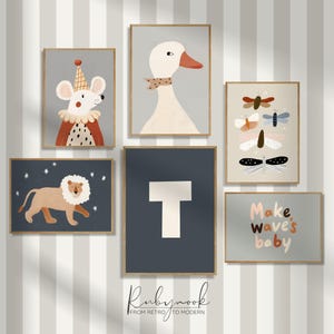 Arte de parede do alfabeto para berçário, pôsteres de letras para impressão, decoração de quarto infantil, conjunto de iniciais com nome de animal para quarto de criança, pôster de animal infantil KP5