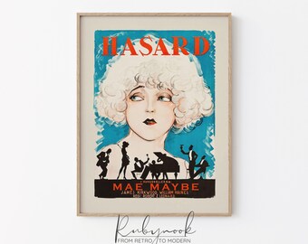 Vintage Movie Poster Wall Art Print Mae Maybe Retro Cinema Poster Woman with Curly Hair Teal Blue and Red Printable Artwork