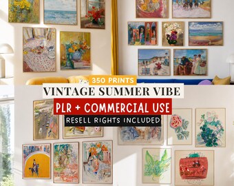 Vintage Summer Art PLR Bundle, 350 Printable Wall Art Prints, Commercial Use Digital Art, Resale Rights, Mediterranean Summer Decor