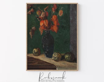 Vintage Still Life with Lantern Flowers Printable  Dark Botanical Fruit Painting Digital Download Moody Autumn Wall Art Decor K40