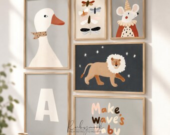Animal Nursery Poster Set Goose Lion Mouse Wall Prints Neutral Kids Room Decor Alphabet Letter Art Printable Download KP4
