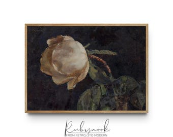 Printable Vintage Floral Wall Art Cream Rose Painting on Dark Background Romantic Still Life for Living Room or Gallery Wall Decor K149
