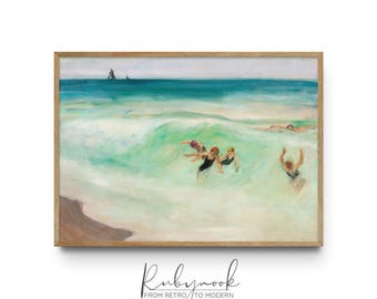 Coastal Beach Wall Art Printable Vintage Style Swimming Women Ocean Scene for Bathroom or Vacation Home Decor Turquoise Ocean Wall Art K148