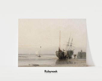 Cuadro de barco vintage imprimible, impresión artística marítima de la calma del puerto, descarga digital náutica para decoración del hogar 00V88