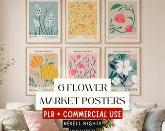 Flower Market Poster PLR Bundle, 6 Floral Wall Art Prints, Commercial Use, Resell Rights, Botanical Printable Art