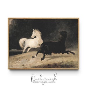 May include: A vintage painting of two horses running in opposite directions. The horse on the left is white, and the horse on the right is black. The painting is set against a dark background.