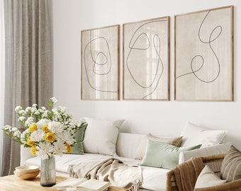 Minimalist Line Art Wall Art Set of 3 Neutral Living Room Decor Modern Printable Art for Japandi Style Apartment Scandinavian Home Aesthetic
