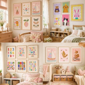 K&ouml;nnte beinhalten: Eine Sammlung gerahmter Wandbilder mit farbenfrohen Illustrationen von Tieren, Segelbooten, Zitronen, Schmetterlingen und motivierenden Texten wie 'YOU GOT THIS', 'DREAM BIG', 'COOL KIDS CLUB' und 'Little riders, big adventures' f&uuml;r Kinderzimmer.