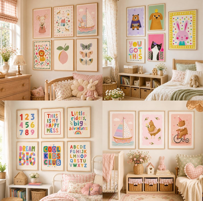 K&ouml;nnte beinhalten: Eine Sammlung gerahmter Wandbilder mit farbenfrohen Illustrationen von Tieren, Segelbooten, Zitronen, Schmetterlingen und motivierenden Texten wie 'YOU GOT THIS', 'DREAM BIG', 'COOL KIDS CLUB' und 'Little riders, big adventures' f&uuml;r Kinderzimmer.