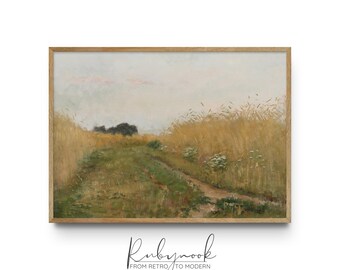 Rustic Landscape Printable Wall Art Countryside Field Painting Soft Green Meadow With Golden Grass Scandinavian Cottage Decor K78