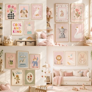 K&ouml;nnte beinhalten: Eine Sammlung gerahmter Wandbilder mit verschiedenen Illustrationen, darunter Tiere wie ein Hund, eine Gans, ein Elefant, ein Schwan, ein L&ouml;we und ein Hase, sowie florale Motive, ein Karussell und ein Clown.