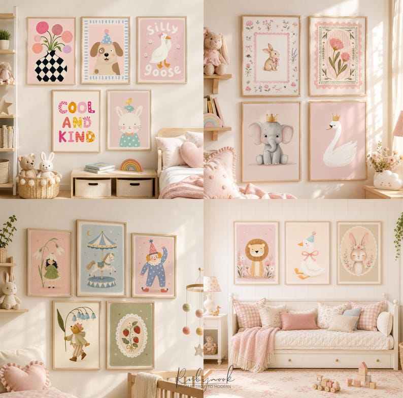 K&ouml;nnte beinhalten: Eine Sammlung gerahmter Wandbilder mit verschiedenen Illustrationen, darunter Tiere wie ein Hund, eine Gans, ein Elefant, ein Schwan, ein L&ouml;we und ein Hase, sowie florale Motive, ein Karussell und ein Clown.