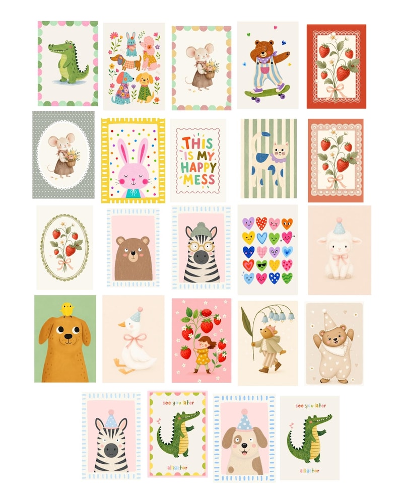 K&ouml;nnte beinhalten: Eine Sammlung von vierundzwanzig rechteckigen Karten mit farbenfrohen Illustrationen von Tieren, Erdbeeren und Herzen. Einige Karten enthalten Text wie THIS IS MY HAPPY MESS, see you later und alligator. Die Designs sind vielf&auml;ltig und dekorativ.