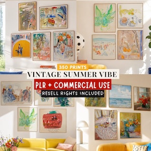 Könnte beinhalten: Eine Sammlung gerahmter Kunstdrucke mit verschiedenen Aquarell- und Ölgemälden von Landschaften, Stillleben und Szenen. Der Text 350 PRINTS VINTAGE SUMMER VIBE PLR + COMMERCIAL USE RESELL RIGHTS INCLUDED ist in der Mitte des Bildes überlagert.