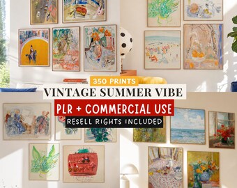 PLR Summer Wall Art Bundle, 350 Vintage Summer Prints, Commercial Use Art, Resell Rights, Colorful Mediterranean Printable Art