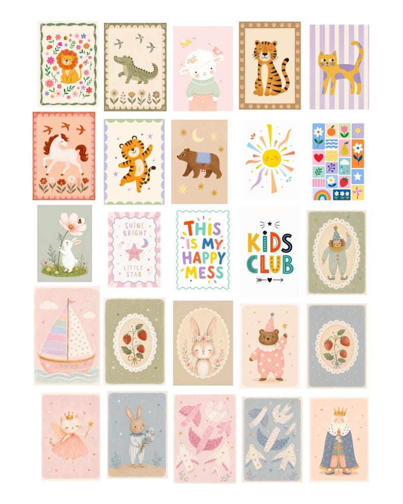 K&ouml;nnte beinhalten: Eine Sammlung rechteckiger Kunstdrucke mit verschiedenen Illustrationen, darunter Tiere wie L&ouml;wen, Tiger, B&auml;ren und Kaninchen, ein Segelboot, Erdbeeren sowie Text mit den Aufschriften "SHINE BRIGHT LITTLE STAR", "THIS IS MY HAPPY MESS" und "KIDS CLUB".