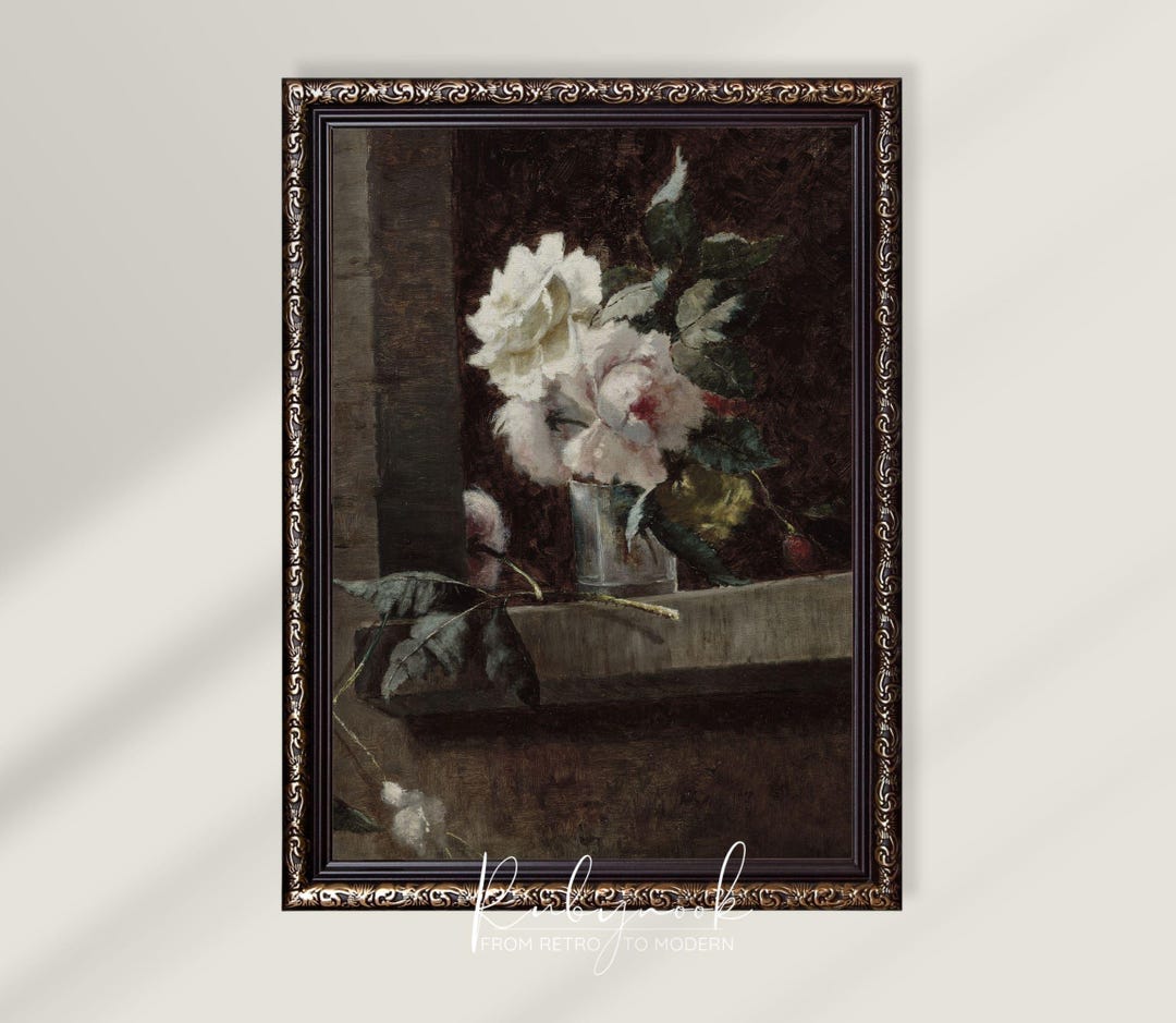 Printable Wall Art Still Life Vintage Rose Painting Moody Floral Decor ...