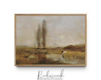 Vintage Landscape Wall Art Printable Restored Antique Painting Countryside River Scene Rustic Farmhouse Decor Digital Download V45 K158