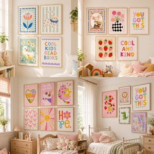 K&ouml;nnte beinhalten: Eine Sammlung gerahmter Wandbilder mit farbenfrohen Illustrationen von Tieren, Blumen, Erdbeeren und motivierenden Texten wie 'COOL KIDS READ BOOKS', 'YOU GOT THIS' und 'COOL AND KIND', die in verschiedenen Schlafzimmern h&auml;ngen.