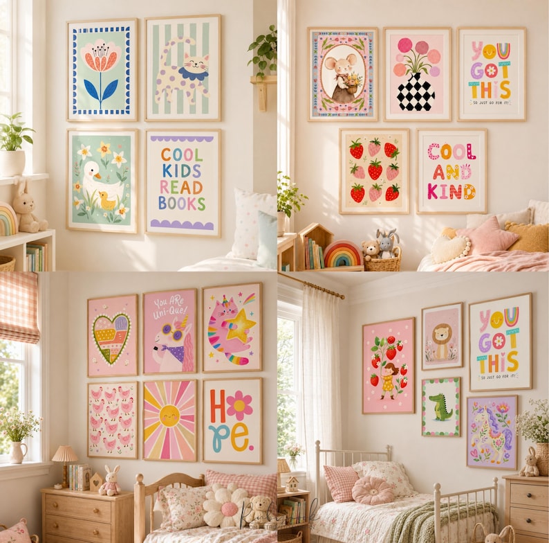 K&ouml;nnte beinhalten: Eine Sammlung gerahmter Wandbilder mit farbenfrohen Illustrationen von Tieren, Blumen, Erdbeeren und motivierenden Texten wie 'COOL KIDS READ BOOKS', 'YOU GOT THIS' und 'COOL AND KIND', die in verschiedenen Schlafzimmern h&auml;ngen.