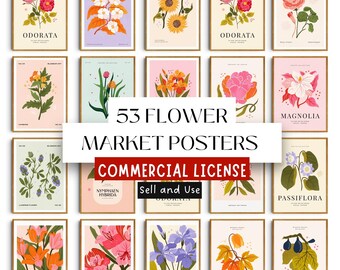 53 Original Flower Market Posters, Commercial Resale License, Digital Bundle