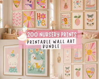 Nursery Wall Art Bundle, 210 Printable Kids Room Prints, Nursery Decor, Cottagecore Children’s Wall Art, Digital Download