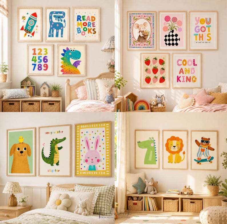 K&ouml;nnte beinhalten: Eine Sammlung gerahmter Wandbilder mit farbenfrohen Illustrationen von Tieren, Zahlen und motivierenden Texten wie Read More Books, You Got This und Cool and Kind, pr&auml;sentiert in verschiedenen Schlafzimmern mit hellen Holzrahmen.