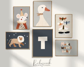 Paquete de arte de pared imprimible para guardería, decoración de sala de juegos, arte de pared para habitación de niños pequeños, póster inicial imprimible para guardería, arte para niños KP5