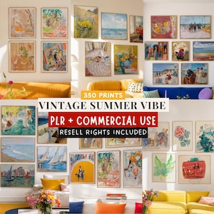 Könnte beinhalten: Eine Sammlung von 350 Kunstdrucken im Vintage-Stil mit verschiedenen Motiven wie Küstenlandschaften, Blumenarrangements und Figuren. Der Text 350 PRINTS VINTAGE SUMMER VIBE PLR + COMMERCIAL USE RESELL RIGHTS INCLUDED ist über den Bildern zu sehen.