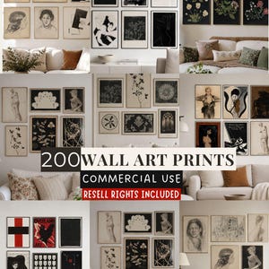 Könnte beinhalten: Eine Sammlung von 200 Wandkunstdrucken mit verschiedenen schwarz-weißen Illustrationen, botanischen Zeichnungen und Vintage-Skizzen, die in verschiedenen Galeriewand-Arrangements mit dem Text 200 WALL ART PRINTS COMMERCIAL USE RESELL RIGHTS INCLUDED gezeigt werden.