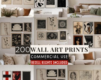Commercial Use Wall Art Bundle, 200 Printable Art Prints, Digital Wall Art Commercial License, Resell Rights, Gallery Wall Bundle