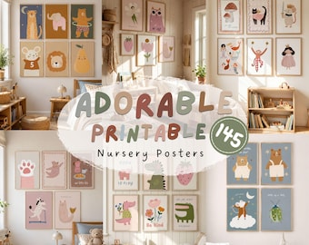 Kids Wall Art Mega Bundle for Nursery Baby Girl Pastel Animal Posters for Boy Room Whimsical Art Set for Playroom Printable Pastel Prints