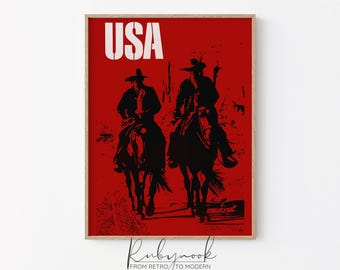 Cowboy Poster USA Western Wall Art Bold Retro Red and Black Americana Printable Digital Download for Rustic Decor Game Room Rodeo Wall Art
