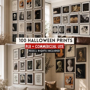 Könnte beinhalten: Eine Sammlung gerahmter Wandkunstdrucke mit verschiedenen dunklen und gotischen Motiven, darunter Totenköpfe, Insekten, Porträts und Vintage-Illustrationen. Der Text 100 HALLOWEEN PRINTS PLR + COMMERCIAL USE RESELL RIGHTS INCLUDED ist überlagert.