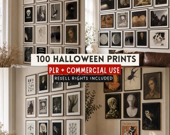 Vintage Halloween Wall Art PLR Bundle, 100 Gothic Prints, Commercial Use Art, Resell Rights, Dark Academia Printable Art