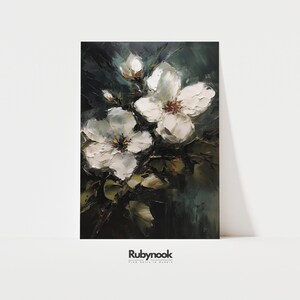 May include: An oil painting of white flowers with yellow centers against a dark green background. The thick brushstrokes create a textured effect. The artwork is signed "Rubynook" at the bottom.