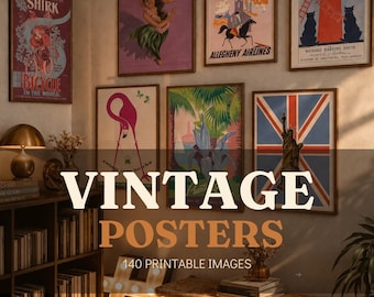 Retro Gallery Wall Printable Illustrations Set of 140 Classic Designs for Gallery Wall Living Room Studio Cafe Decor