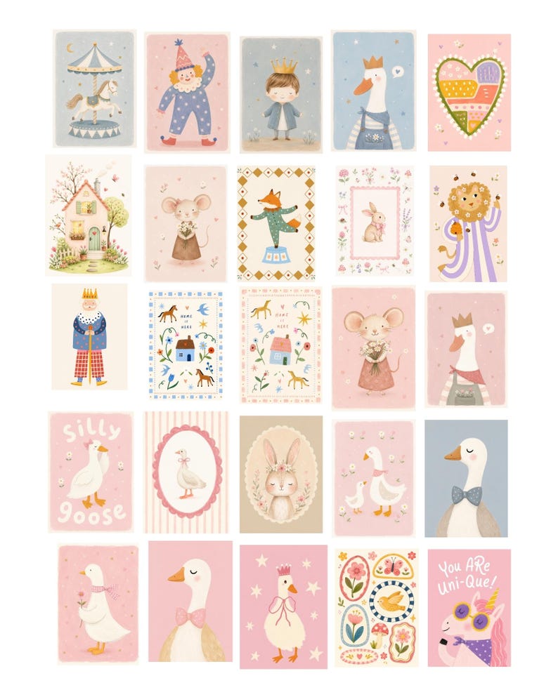 K&ouml;nnte beinhalten: Eine Sammlung von f&uuml;nfundzwanzig rechteckigen Karten mit pastellfarbenen Illustrationen von Tieren, Kindern und H&auml;usern. Die Motive umfassen ein Karussellpferd, einen Clown, eine Gans mit Fliege, ein Herz, eine Maus, einen Fuchs und ein Einhorn mit dem Text You Are Uni-Que.