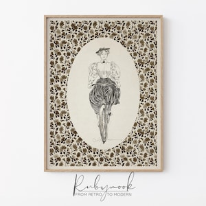 May include: A black and white illustration of a woman riding a bicycle. The woman is wearing a hat and a long skirt. The background is a pattern of brown and white flowers.