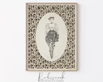 Vintage Bicycle Art Print Printable Vintage Edwardian Fashion Illustrationt Floral Pattern Wall Decor Art Nouveau Botanical Drawing 00V150