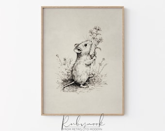 Whimsical Mouse Wall Art Printable Mouse nursery wall art printable cute animal illustration black and white kids room woodland decor KPS1