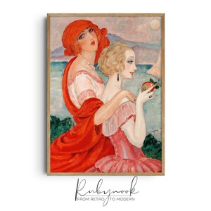 Vintage Art Deco Women Portrait Printable for Dressing Room Feminine Wall Art with Red and Pink Tones Glamorous Retro Illustration K111