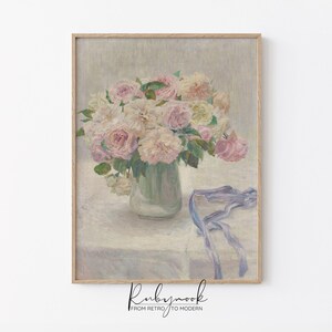 Printable Wall Art Romantic Floral Pink Rose Still Life Painting for Cottagecore Bedroom French Country Home Feminine Decor VS6