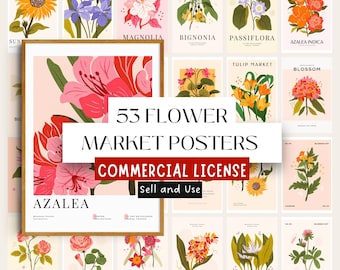 53 Original Flower Market Prints with Commercial Use License, Floral Poster Bundle for Small Business