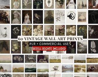 Commercial Use Vintage Wall Art Bundle, 60 Vintage Prints for Resale, Resell Rights, Printable Gallery Wall, Digital Art Bundle