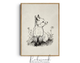 Woodland nursery wall art fox illustration baby room decor printable kids wall print black and white animal drawing digital download KPS2
