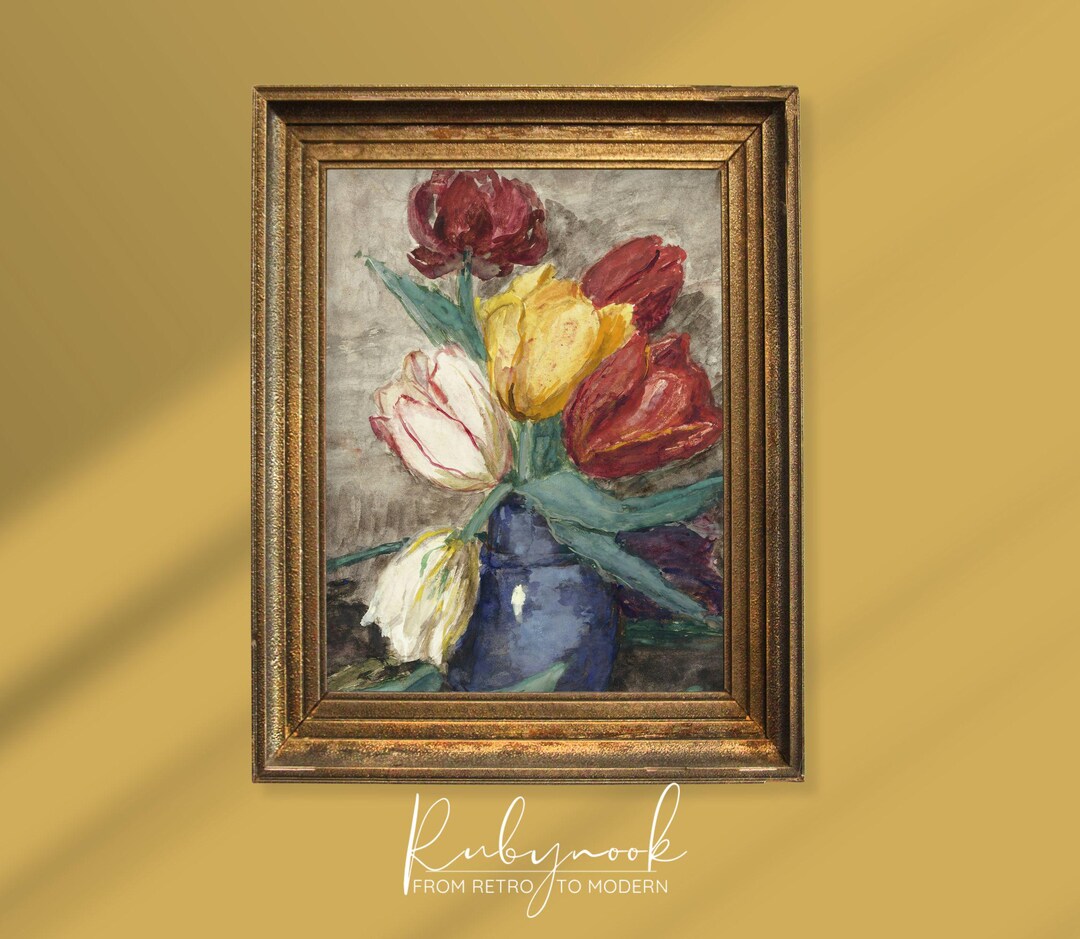 Dark Floral Still Life Printable Vintage Tulip Painting Botanical Wall ...